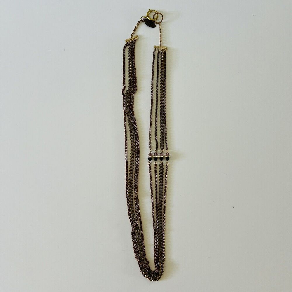 THEA GRANT  Copper Gold Multi Long Chain Necklace With Black & Amethyst Stones